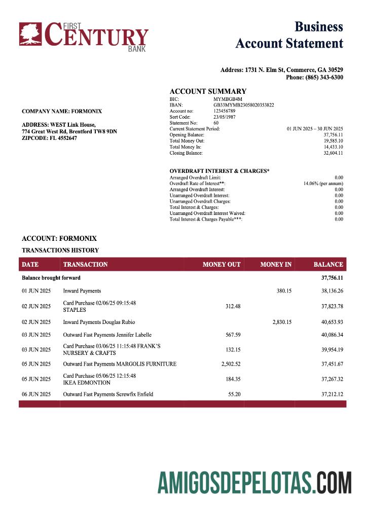 Modelo Word e PDF do extrato de conta empresarial do Realista USA First Century Enterprise